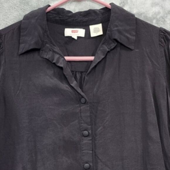 Levi's Top Women M Black Viscose Collared Puffy  Long Sleeves Ruffle Cuffs Flowy - Picture 2 of 13